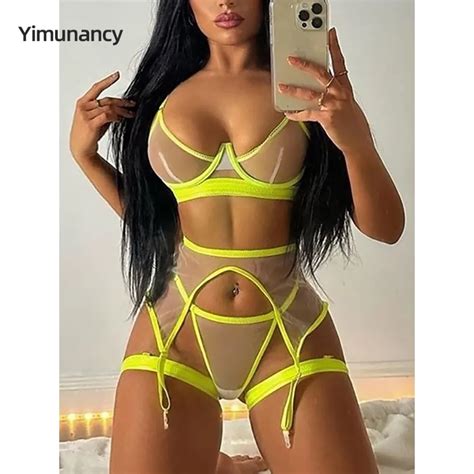 Yimunancy Piece Neon Color Mesh Lingerie Set Women Colors Transprent Sexy Exotic Set Thong