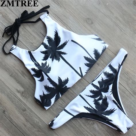 Zmtree Brand Coconut Palm Printed Bikini Set Halter Top Swimsuit Women Swimwear Bikinis Girls