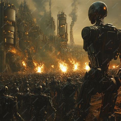 Robot empire with factories producing robotic armies sparks flying