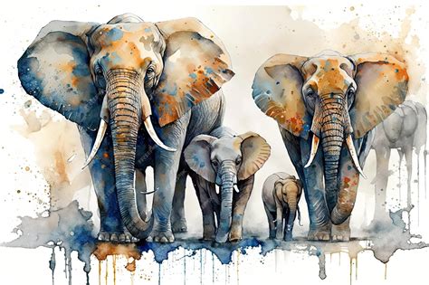 La Familia De Los Elefantes Pintando Con Acuarela Foto Premium