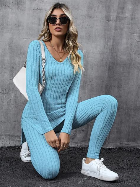 Casual Ribbed Two Piece Set Long Sleeve Side Split Top Pants Temu