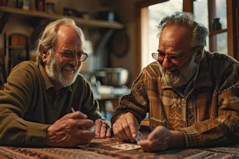 Two Happy Mature Men Playing To A Card Game On A Table At Home Premium Ai Generated Image