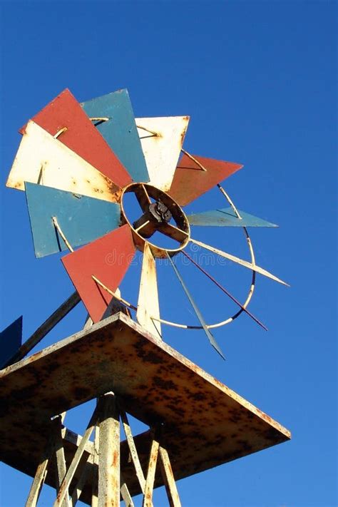 Red White And Blue Windmill And Sky Stock Image Image Of Rustic