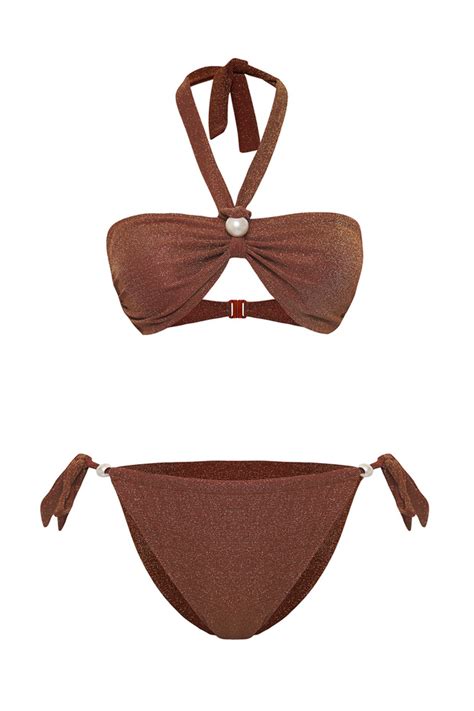 Trendyolmilla Kahverengi Straplez İnci Aksesuarlı Simli Brazilian Bikini Takımı TBESS25BT00075