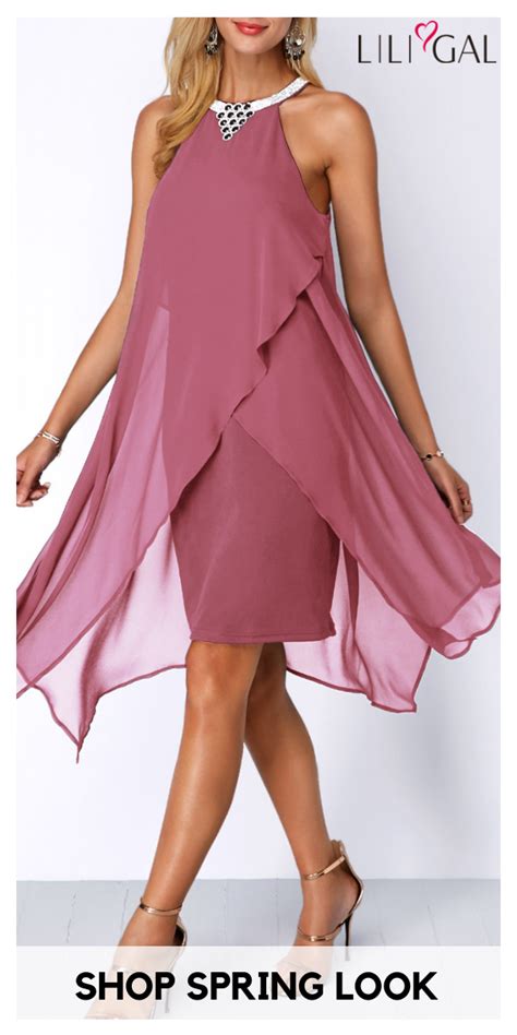 Embellished Neck Chiffon Overlay Asymmetric Hem Dress Embellished