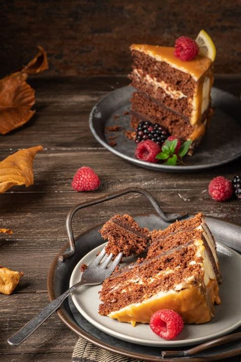 Delicious Semi Naked Chocolate Cake With Caramel Topping And Decorated With Blackberries And