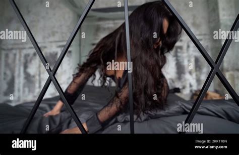 Sexy Busty Woman In Black Lace Lingerie On Bed In Bedroom Tilt Up View On Stock Video Footage