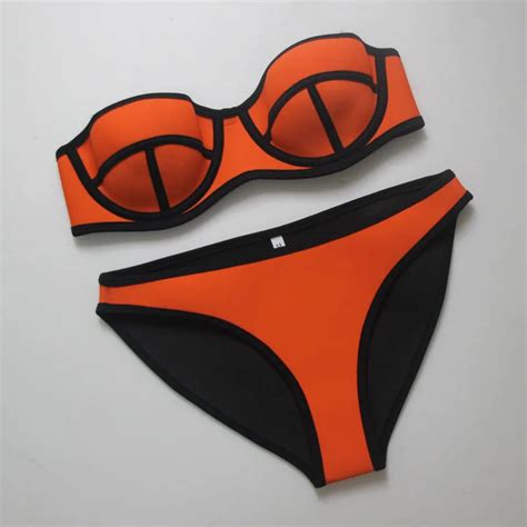Sexy Neoprene Neon Bikini 2016 Beach Orange Swimwear Women Summer Solid Bathing Suit Cover Ups