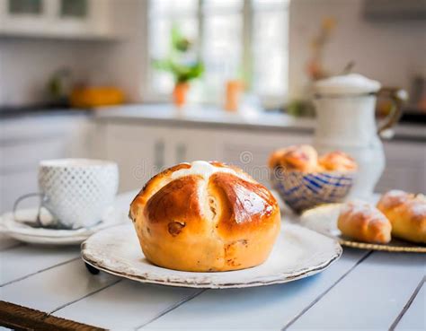 Freshly Glazed Hot Cross Bun On A Bright Kitchen Table Stock Illustration Illustration Of