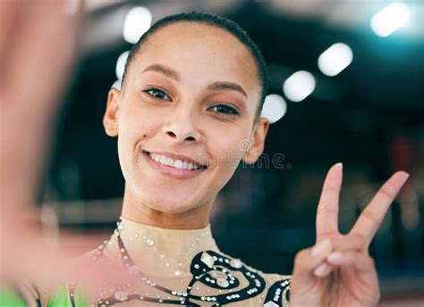 Selfie Peace And Olympics With A Black Woman Gymnast In A Gym Posing