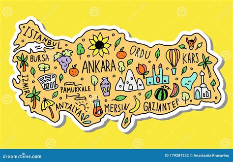 colored sticker  hand drawn doodle turkey map turkish city names