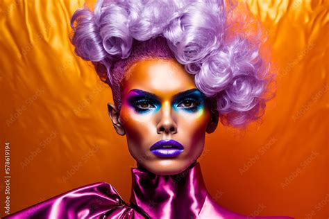 Portrait Of Gay Transvestite Man In Drag Queen Style With Makeup In Woman Dress Generative Ai