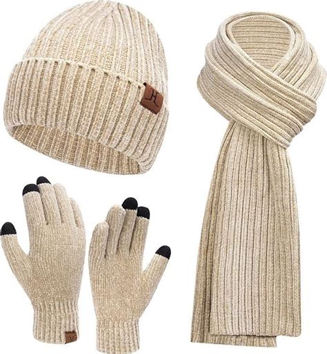 Womens Winter Knit Warm Hat Beanie Long Scarf Touch Screen Gloves Set