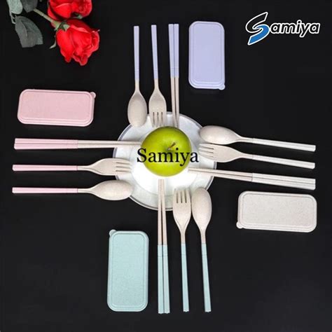 Jual Wheat Straw Cutlery Set Lipat Alat Makan Portable Set Foldable