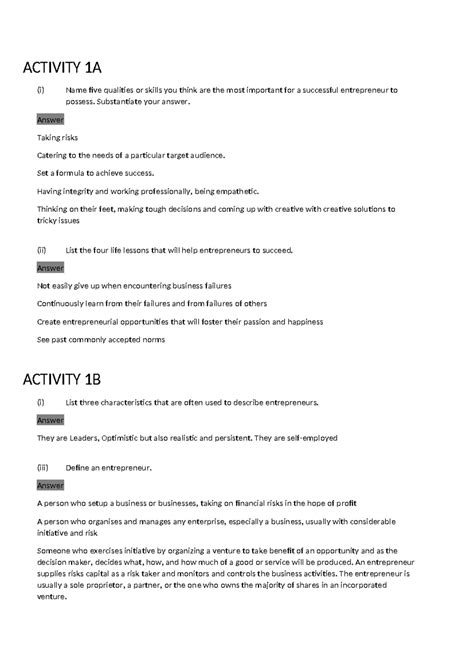 Textbook Activities Activity 1a I Name Five Qualities Or Skills You