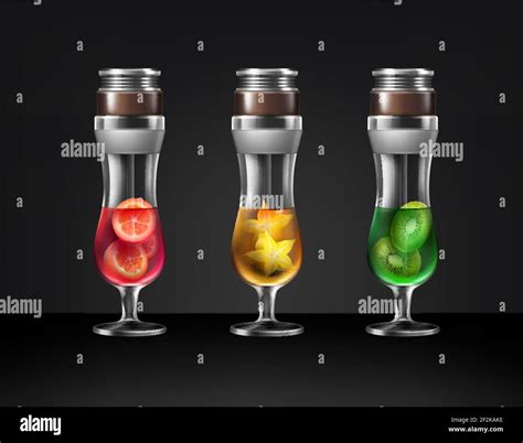 Vector set of hurricane glass cocktail hookahs with different fruits kiwi, carambola, kumquat ...