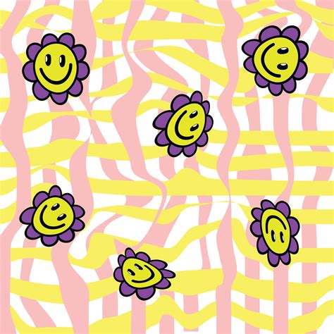 Groovy Retro 1970s Wallpaper with Daisy Smile. Cute Psychedelic Vector