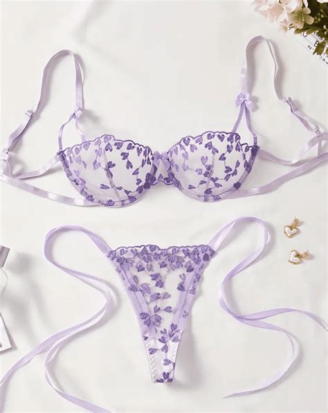 Light Purple Lingerie Set Sheer Heart Embroidery Walmart