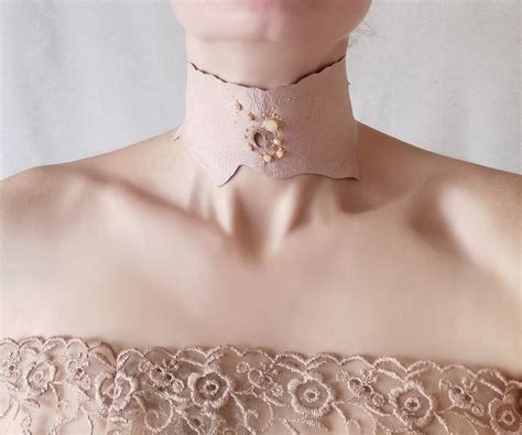 Leather Choker Nude Beads Collar Whimsical Bride Neckpiece Etsy