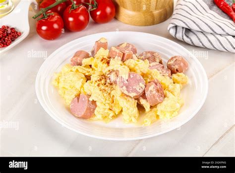 Healthly Breakfast With Scambled Egg And Sausages Stock Photo Alamy