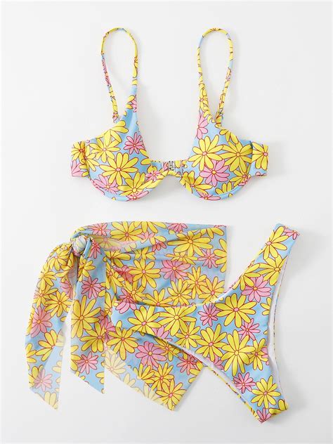 Blue Flower Print Underwire Bikini Mesh Overskirt Bra Panty Three Piece Set Swimsuit