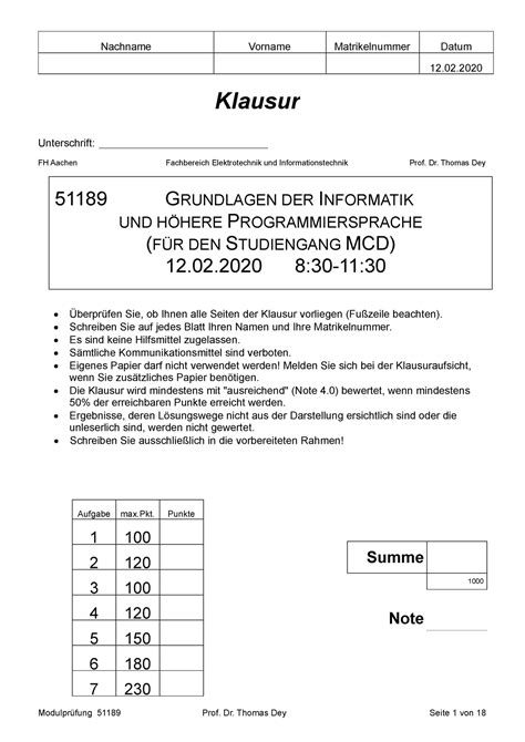 MCD 2020 C Musterklausur Nachname Vorname Matrikelnummer Datum 12