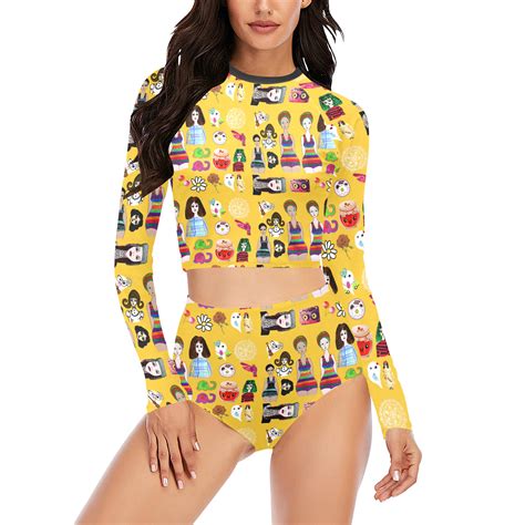Drawing Collage Yellow Long Sleeve Bikini Set Model S Id D