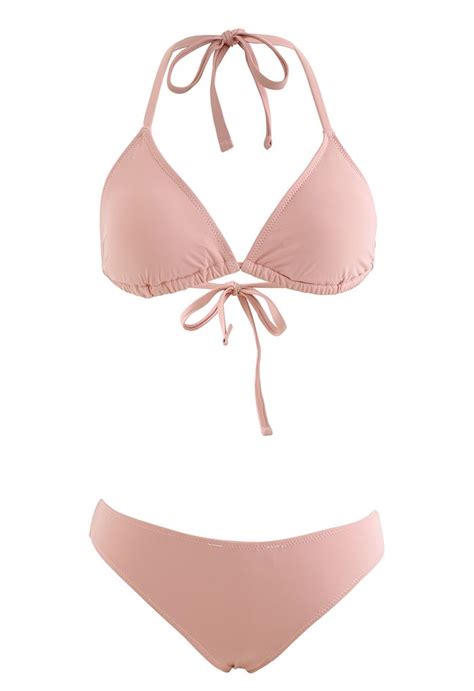 Conjunto De Bikini De Cintura Alta Con Cuello Halter Rosa Nude Retro