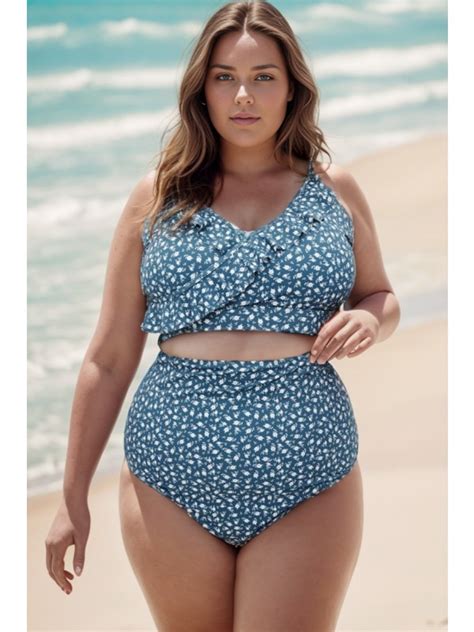 Plus Size Floral Print With Frill Details Elegant Bikini Top Meet Curve Meet Curve