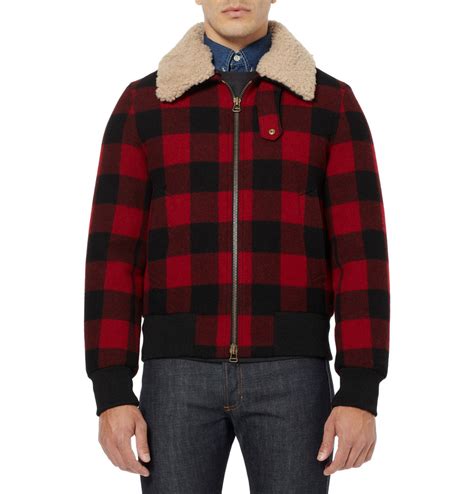 Lyst - Ami Shearling trimmed Check Wool Bomber Jacket in Red for Men