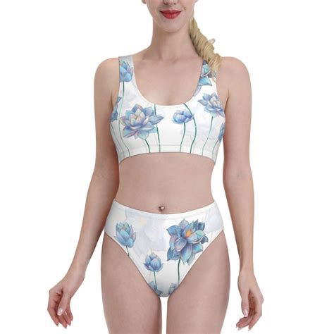 Adobk Pale Blue Lotus Flowers Print Women High Waisted Bikini Set Sports Swimsuit Bathing Suit