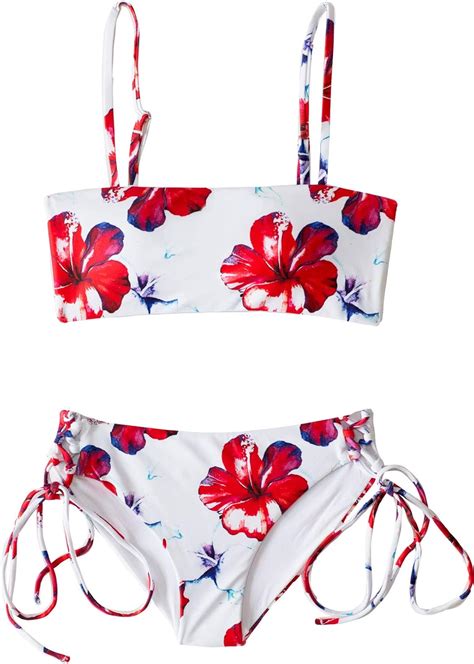Amazon Chance Loves Red White Floral Tween Teen Bandeau Style Two Piece Bikini Set For
