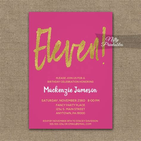 11th Birthday Invitations Hot Pink Gold Script Nifty Printables