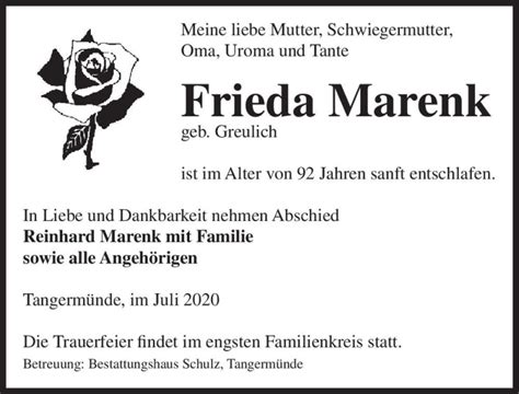 Traueranzeigen Von Frieda Marenk Geb Greulich Abschied Nehmen De