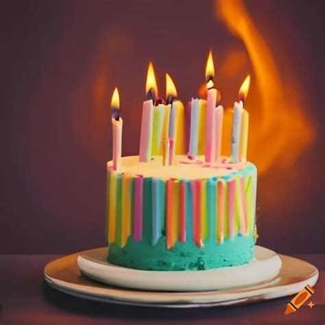 Colorful Flaming Birthday Cake With Many Candles On Craiyon