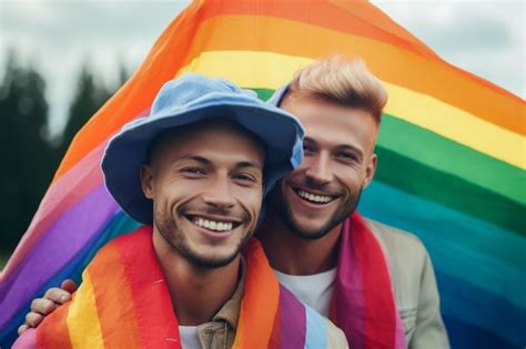 Um lindo casal gay feliz cores do arco íris em um campo de flores papel de parede do mês do