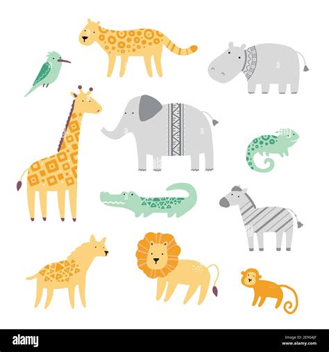 Set Of Cute African Zoo Animals Giraffe Zebra Lion Bird Elephant