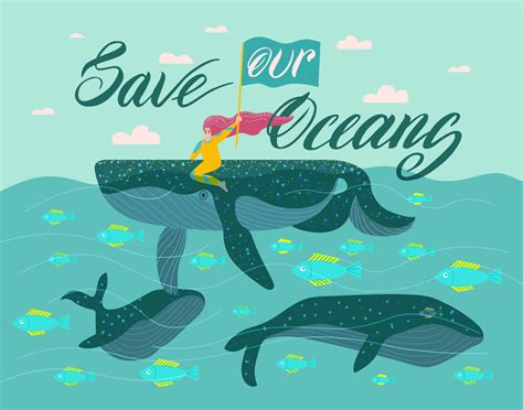 poster concept girl saves whales save  oceans  vector art