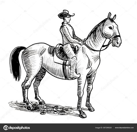 Cowboy Riding Horse Ink Black White Draiwng Stock Illustration By