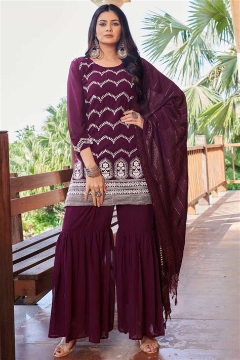 Wine Eid Sharara Suit In Embroidered Faux Georgette SS0705