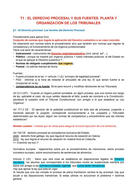 Derecho Procesal T1 El Derecho Procesal Y Sus Fuentes Planta Y OrganizaciÓn De Los