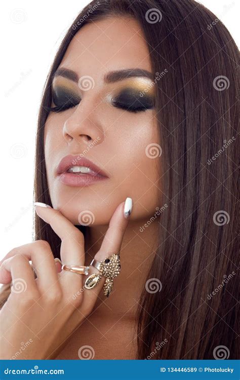 Beauty Portrait Of Nude Pretty Brunette Woman With Long Hair Evening Make Up Long Eyelashes