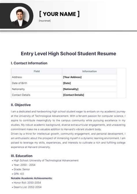 Free Entry Level High School Student Resume Template Edit Online