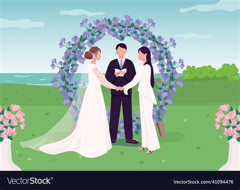 Wedding Ceremony For Lesbian Couple Flat Color Vector Image