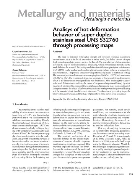 PDF Analisys Of Hot Deformation Behavior Of Super Duplex Stainless Steel UNS S32760 Through