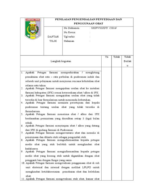 Daftar Tilik Penilaian Pengendalian Penyediaan Dan Penggunaan Obat Pdf