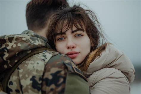 Premium Photo | A young sad girl hugs her military boyfriend and sees ...