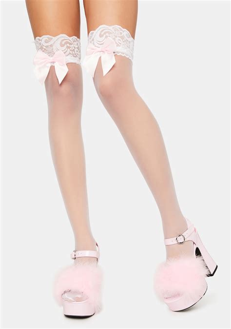 Mesh Thigh High Socks With Lace And Satin Bows White Pink Dolls Kill