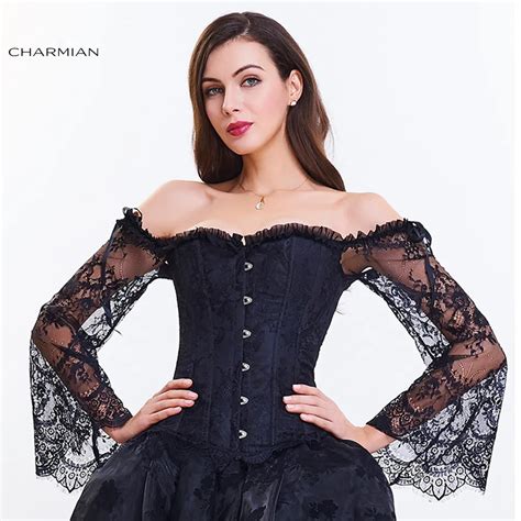 Charmian Women S Retro Gothic Corset Plus Size Sexy Black Lace Off Shoulder Overbust Corsets And