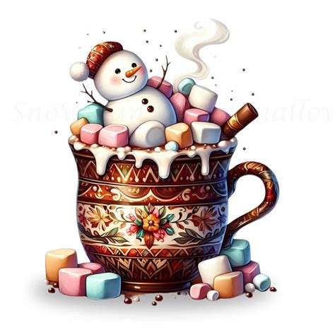 Cute Marshmallow Melting Snowman Overflowing Hot Cocoa Cozy Winter Snowman Snowmen Winter